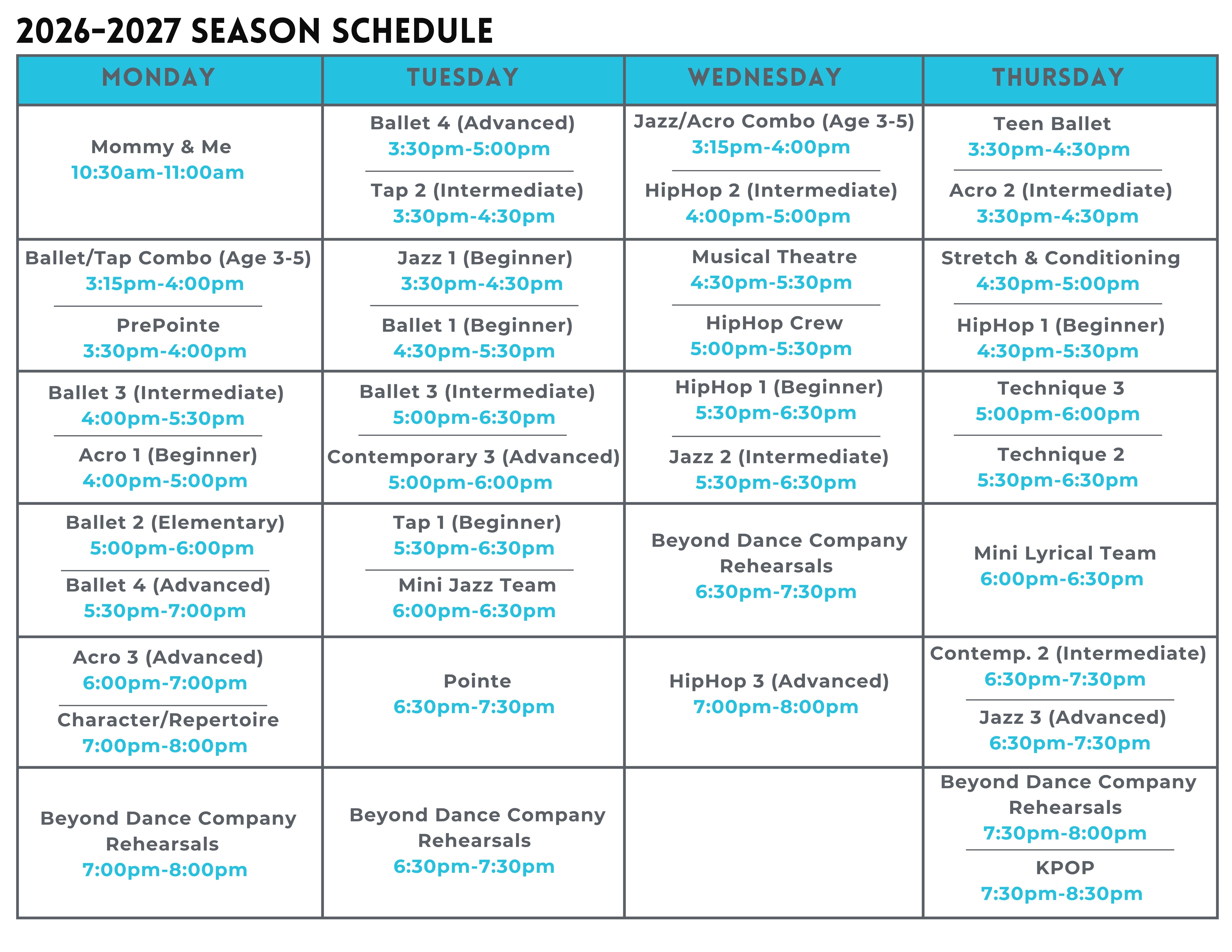 Beyond Dance 2026–2027 Monday through Thursday weekly schedule